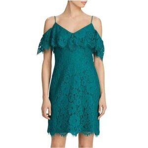 Ralph Lauren Lace Ruffle Off Cold Shoulder Dress Emerald Green Knee Length Party
